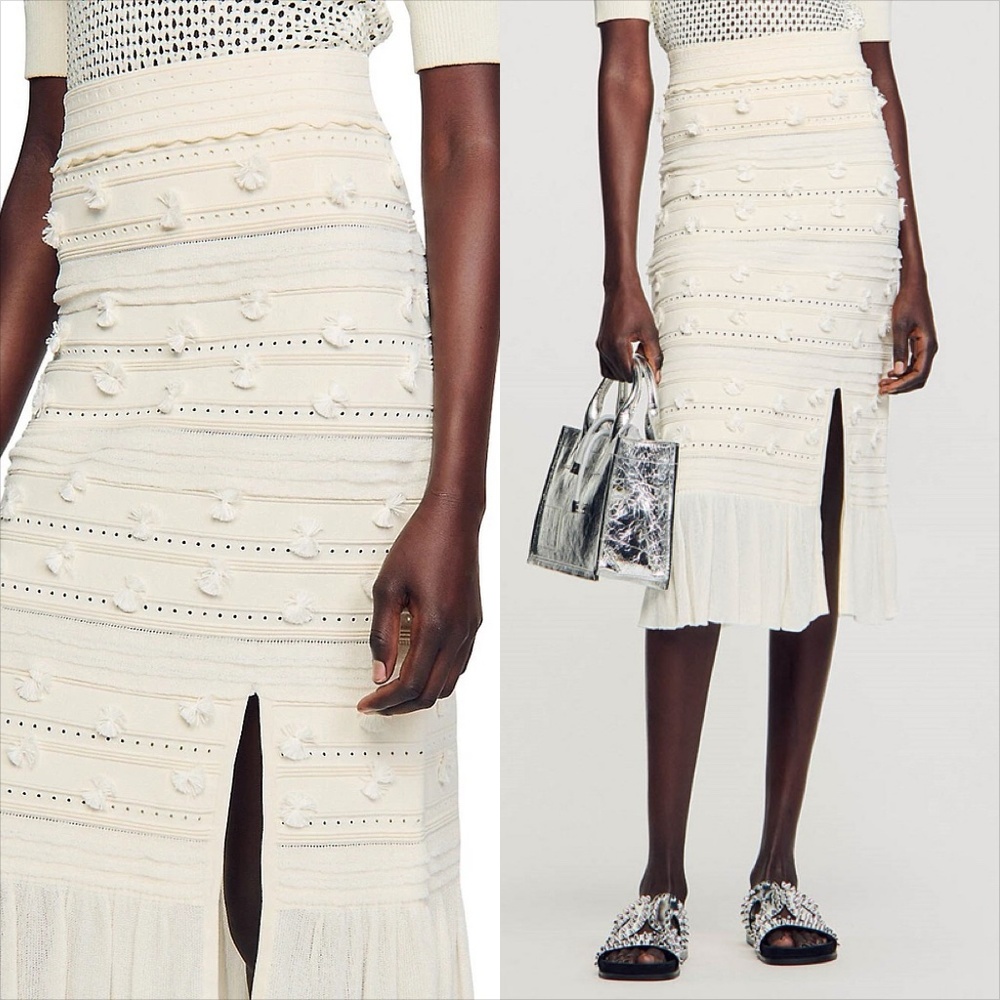 Sandro imanie knit pom pom leg slit skirt ecru cream - Picture 6 of 9